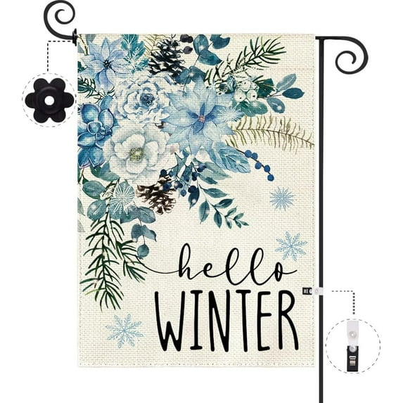 Hello Winter Blue Flower Garden Flag 12.5 x 18 Inch Double Sided Burlap Winter Blue Flower Snowflake Pinecone Christmas Small Yard Flag Holiday Seasonal Outdoor Outside Decoration