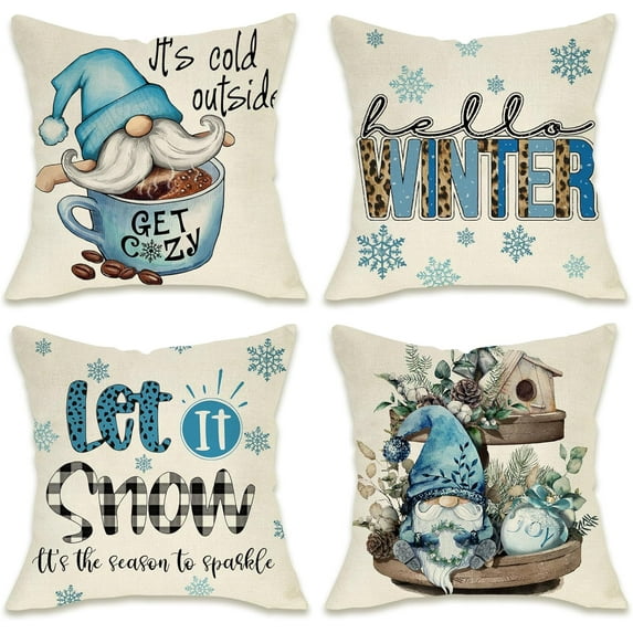 Hello Winter Blue Gnome Decorative Pillow Cover 16 x 16 Set of 4, It''s Cold Outside Snowflakes Coffee Leopard Let It Snow Farmhouse Pillowcases, Buffalo Plaid Check Wooden Tiered Tray Decors