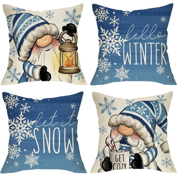 Hello Winter Blue Gnome Decorative Throw Pillow Covers 18x18 Set of 4, Let It Snow Snowflakes Hot Cocoa Lamp Porch Outdoor Home Decor, Get Cozy Christmas Decorations Sofa Couch Cushion Case
