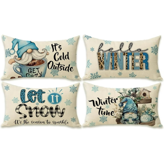 Hello Winter Blue Gnome Lumbar Decorative Rectangle Pillow Cover 12x20 Set of 4, It''s Cold Outside Snowflakes Coffee Leopard Let It Snow Farmhouse Pillowcases, Buffalo Plaid Check Decors