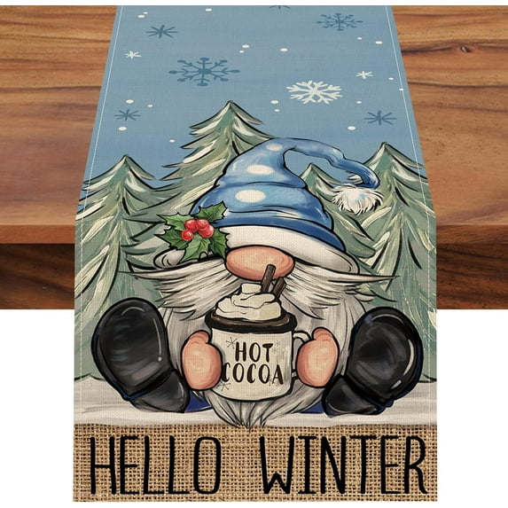 Hello Winter Blue Gnome Table Runner, Pine Tree Snowflake Hot Cocoa Farmhouse Kitchen Dining Table Decor, Christmas Holiday Rustic Home Decoration Indoor Outdoor Party Supply 13 x 90 Inches
