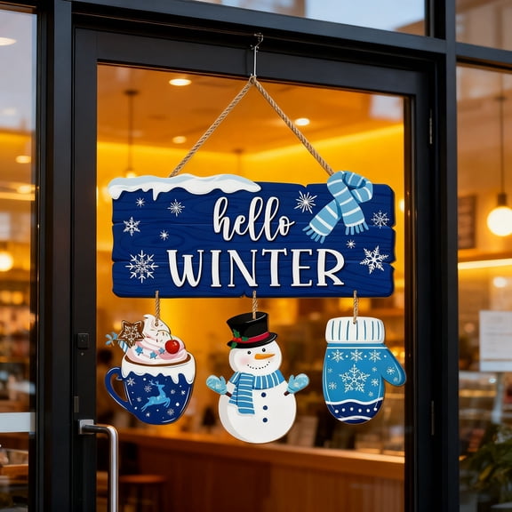 Hello Winter Blue Snowflake Front Door Sign, Seasonal Wood Door Hanger Outdoor Outside Porch Decor, Christmas Wooden Wreath with Checkered Bow Indoor Wall Hanging Decoration Gifts for Women