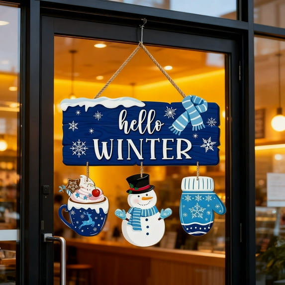Hello Winter Blue Snowflake Front Door Sign, Seasonal Wood Door Hanger Outdoor Outside Porch Decor, Christmas Wooden Wreath with Checkered Bow Indoor Wall Hanging Decoration Gifts for Women