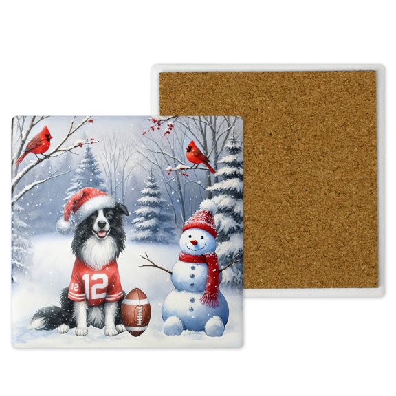 Hello Winter Border Collie Football Snowman Welcome Snowy Morning Set of 4 Stone Coasters Borders Dog Lovers Gifts Idea 4x4in Absorbent Soapstone Coaster - 01012