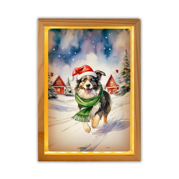Hello Winter Border Collie Frosty Morning Walk Welcome Snowy Christmas Acrylic Plaque with Wood Photo Frame Box Borders Dog Lovers Gifts Idea Light Box - 02018