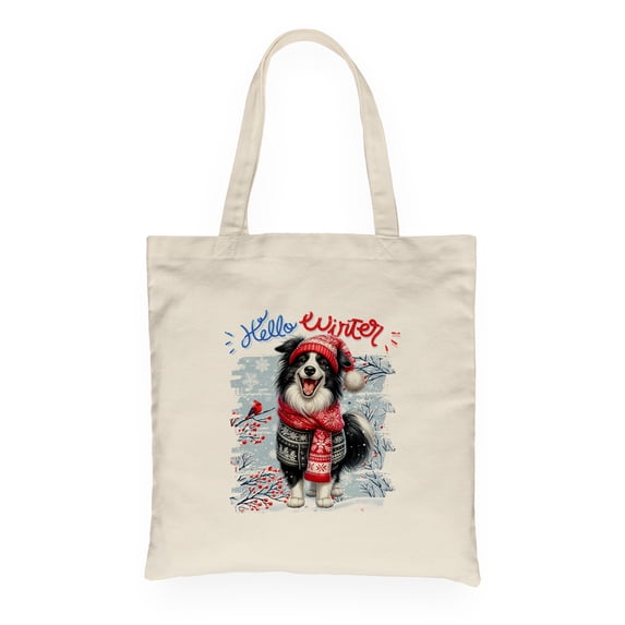 Hello Winter Border Collie Smiling in Red Scarf Hat Welcome Christmas Canvas Tote Bag Borders Dog Lovers Gifts Idea Reusable Shopping Grocery Bag - 00017