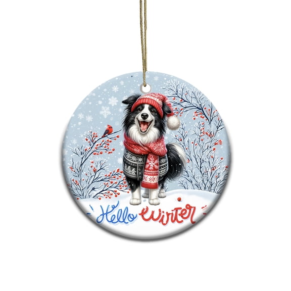 Hello Winter Border Collie Smiling in Red Scarf Hat Welcome Christmas Ceramic Round Ornament Borders Dog Lovers Gifts Idea Home Tree Decor - 00017