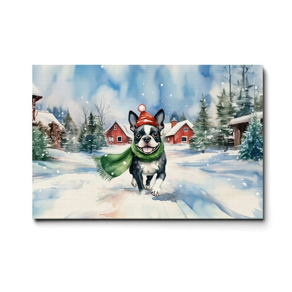 Hello Winter Boston Terrier Frosty Morning Walk Welcome Snowy Christmas Horizontal Matte Canvas Poster Gentleman Dog Lover Gifts Wall Art Home Decor - 02018
