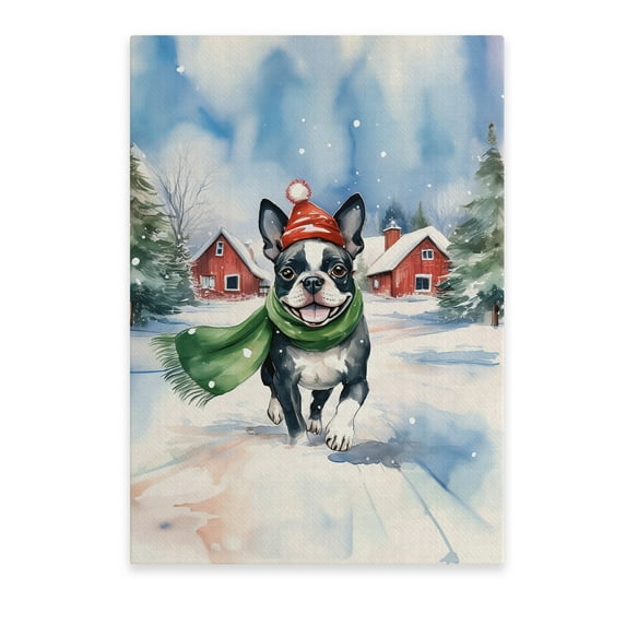 Hello Winter Boston Terrier Frosty Morning Walk Welcome Snowy Christmas Vertical Matte Canvas Poster Gentleman Dog Lover Gifts Wall Art Home Decor - 02018
