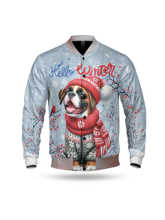 Hello Winter Boxer Smiling in Red Scarf Hat Welcome Christmas All Over Print 3D Baseball Jacket Boxers Dog Lover Gifts Idea Bomber Jacket Softball - 00017