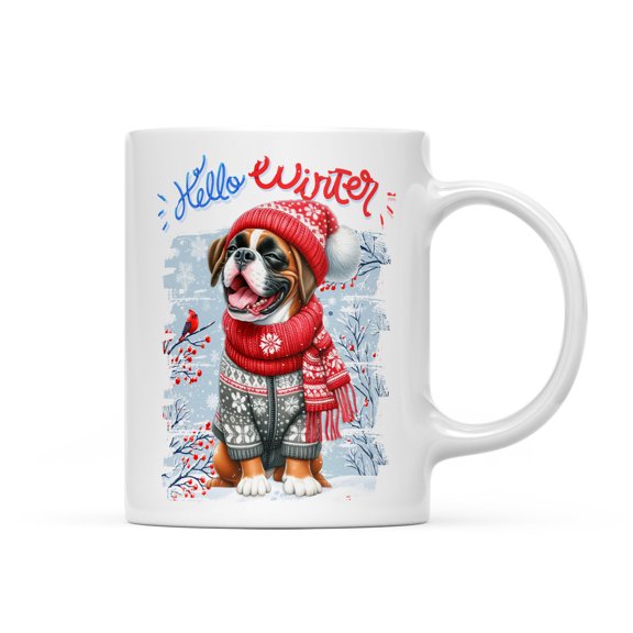 Hello Winter Boxer Smiling in Red Scarf Hat Welcome Christmas Mug Boxers Dog Lover Gifts Idea Coffee Tea Cup - 00017