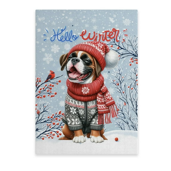 Hello Winter Boxer Smiling in Red Scarf Hat Welcome Christmas Vertical Matte Canvas Poster Boxers Dog Lover Gifts Idea Wall Art Home Decor - 00017