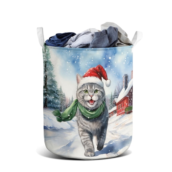 Hello Winter British Shorthair Frosty Morning Walk Welcome Snowy Christmas Foldable Laundry Basket Cat Lover Kitten Owner Gifts Organizer Storage with Handles - 02018