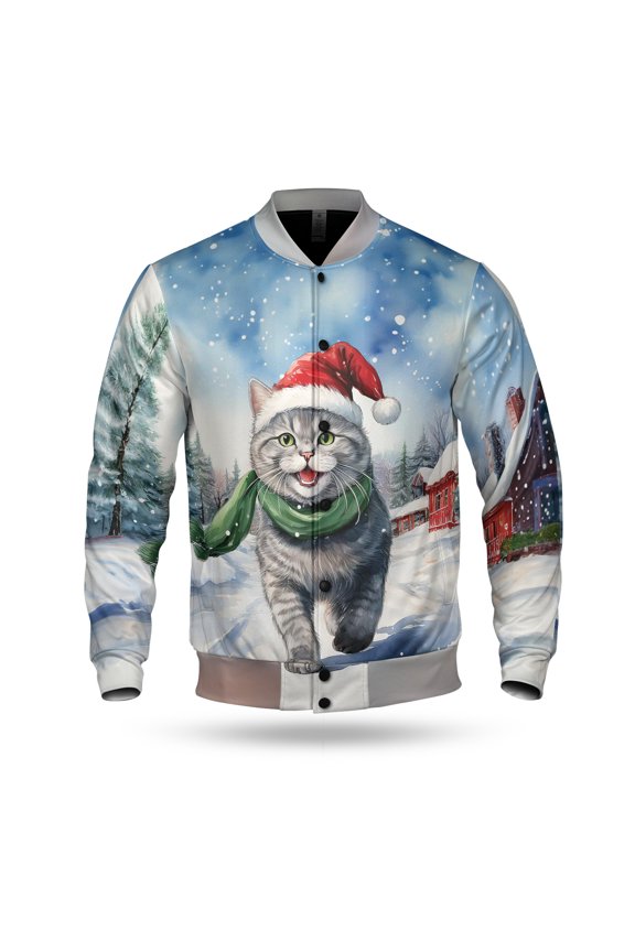 Hello Winter British Shorthair Frosty Morning Walk Welcome Snowy Christmas All Over Print 3D Baseball Jacket Cat Lover Kitten Owner Gifts Bomber Jacket Softball - 02018