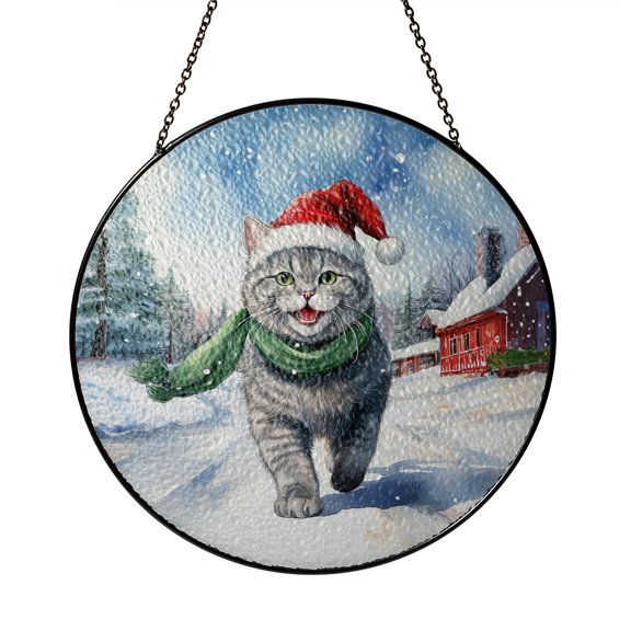 Hello Winter British Shorthair Frosty Morning Walk Welcome Snowy Christmas Stained Glass Suncatcher Cat Lover Kitten Owner Gifts Window Hanging Sign Decor - 02018