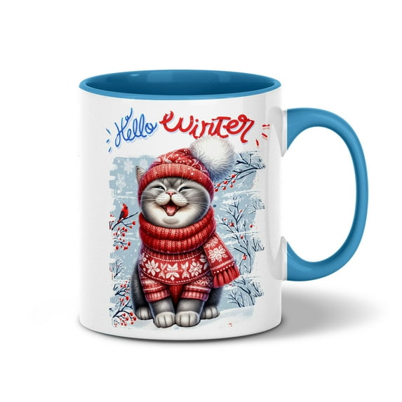Hello Winter British Shorthair Smiling in Red Scarf Hat Welcome Christmas 11oz Accent Two-tone Mug Cat Lover Kitten Owner Gifts Coffee Tea Cup - 00017