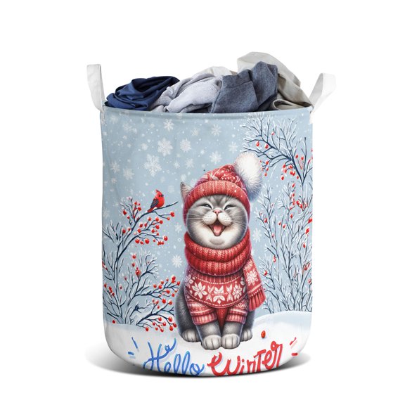 Hello Winter British Shorthair Smiling in Red Scarf Hat Welcome Christmas Foldable Laundry Basket Cat Lover Kitten Owner Gifts Organizer Storage with Handles - 00017