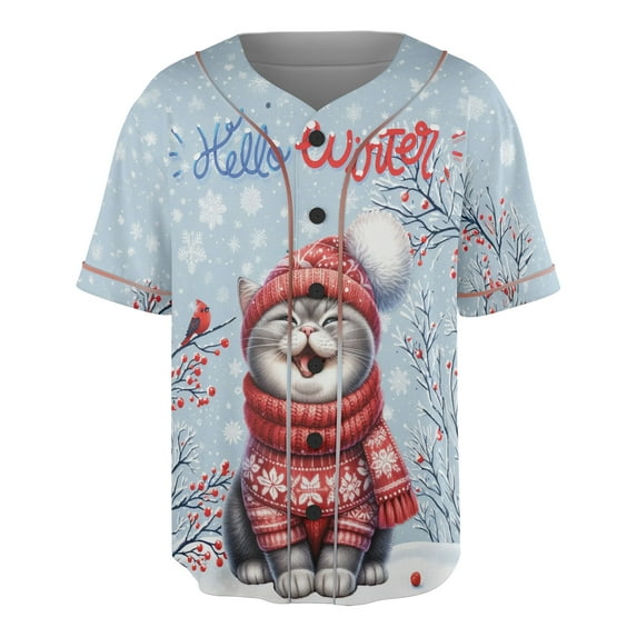 Hello Winter British Shorthair Smiling in Red Scarf Hat Welcome Christmas All Over Print 3D Baseball Shirt Cat Lover Kitten Owner Gifts Softball Sport - 00017