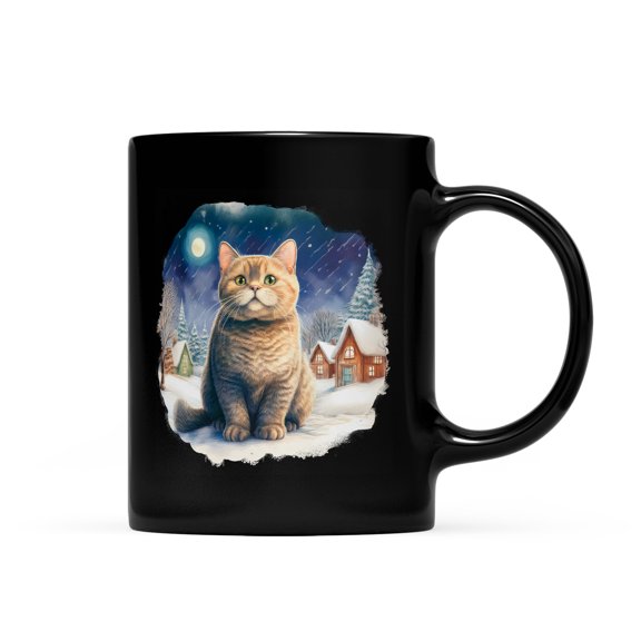 Hello Winter British Shorthair Welcome Snowy Night Watercolor Vintage Mug Cat Lover Kitten Owner Gifts Coffee Tea Cup - 01011