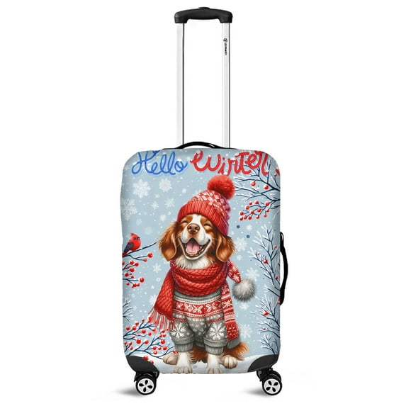 Hello Winter Brittany Spaniel Smiling in Red Scarf Hat Welcome Christmas Travel Luggage Cover Brittany Dog Lover Gifts Idea Suitcase Dust Protective Decor - 00017