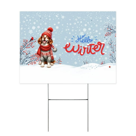 Hello Winter Brittany Spaniel Smiling in Red Scarf Hat Welcome Christmas Yard Sign Brittany Dog Lover Gifts Idea Outdoor Home Lawn Garden Porch Decor - 00017