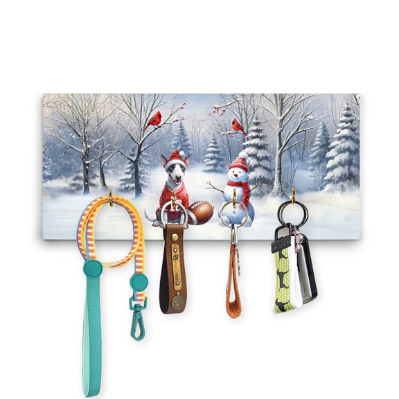 Hello Winter Bull Terrier Football Snowman Welcome Snowy Morning Wood Key Holder Bully Dog Lovers Gifts Idea Wall-mounted Key Rack Home Decor - 01012