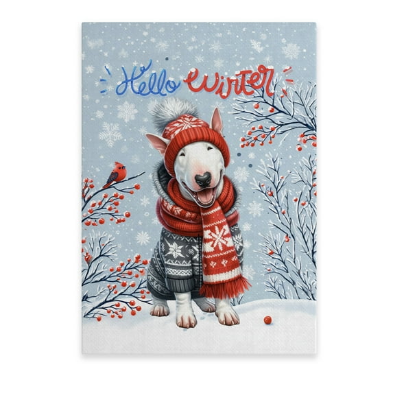 Hello Winter Bull Terrier Smiling in Red Scarf Hat Welcome Christmas Vertical Matte Canvas Poster Bully Dog Lovers Gifts Idea Wall Art Home Decor - 00017