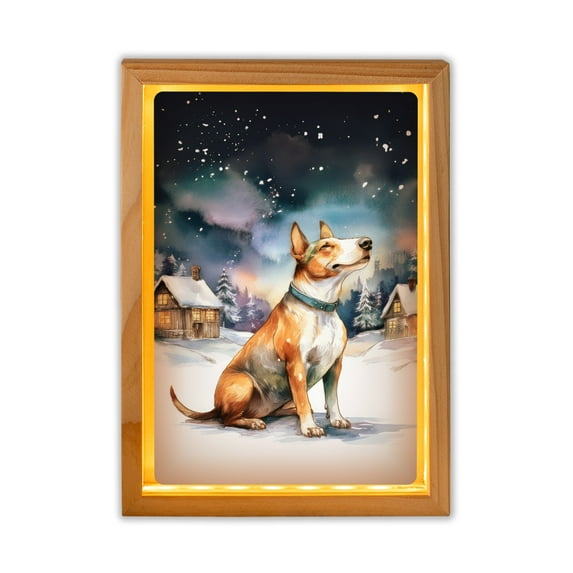Hello Winter Bull Terrier Welcome Snowy Night Watercolor Vintage Acrylic Plaque with Wood Photo Frame Box Bully Dog Lovers Gifts Idea Light Box - 01011