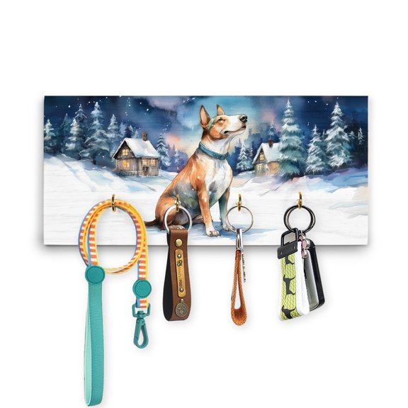 Hello Winter Bull Terrier Welcome Snowy Night Watercolor Vintage Wood Key Holder Bully Dog Lovers Gifts Idea Wall-mounted Key Rack Home Decor - 01011