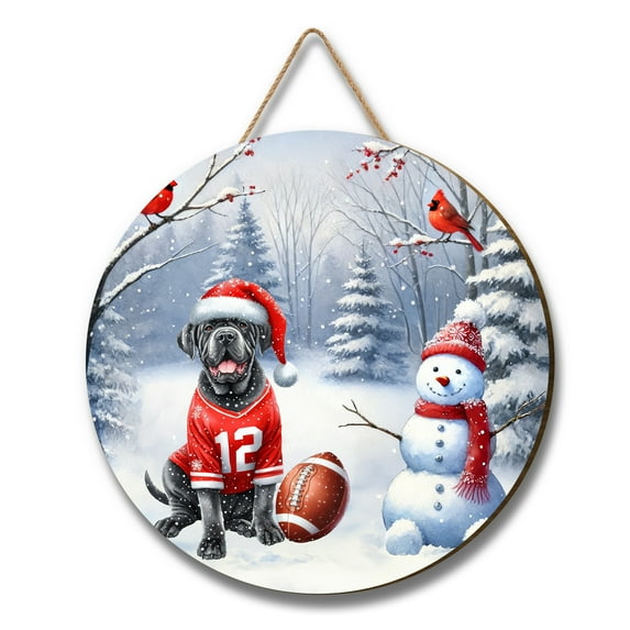 Hello Winter Cane Corso Football Snowman Welcome Snowy Morning Round Wood Sign Italian Mastiff Dog Lover Gifts Idea Hanging Wall Home Decor - 01012