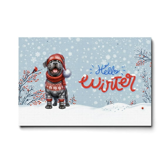 Hello Winter Cane Corso Smiling in Red Scarf Hat Welcome Christmas Horizontal Matte Canvas Poster Italian Mastiff Dog Lover Gifts Idea Wall Art Home Decor - 00017