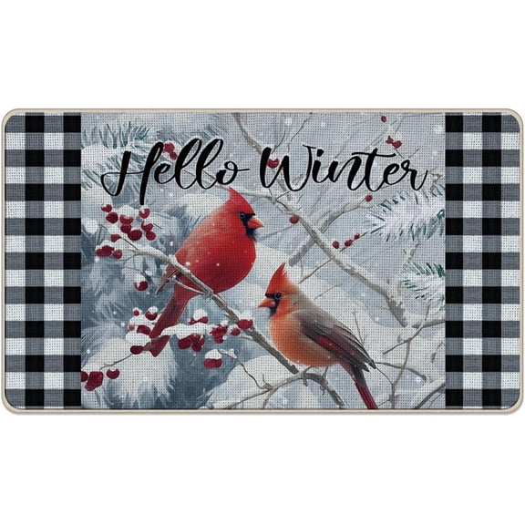 Hello Winter Cardinal Decorative Front Door Mat, Snowy Red Birds Branches Berry Doormat Indoor Outdoor Non-Slip Floor Entryway Rug, Christmas Buffalo Plaid Home Kitchen Decoration 17x29 Inches