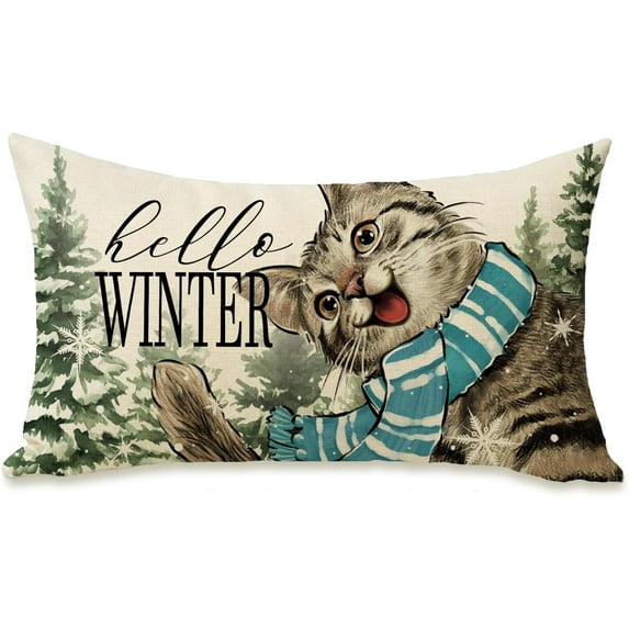 Hello Winter Cat Lumbar Decorative Rectangle Pillow Cover 12x20, Kitty Kitten Snowy Forest Snowflakes Porch Outdoor Pillowcase, Christmas Holiday Seasonal Farmhouse Cushion Case Home Decor