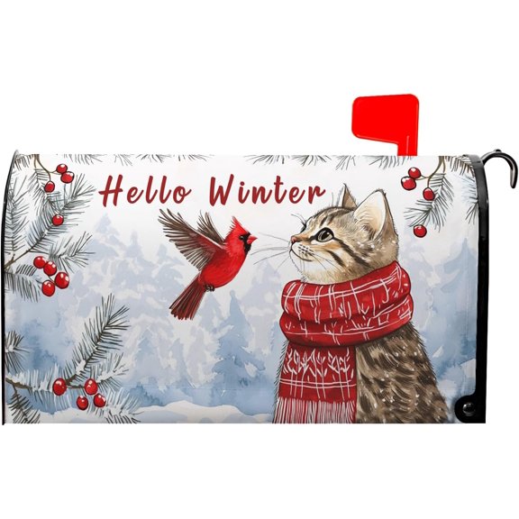 Hello Winter Cat Mailbox Cover Cardinal Bird Mailbox Covers Magnetic Snow Snowflake Post Letter Box Cover Standard Size 21x18 inch for Garden Outdoor Yard Decor