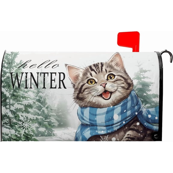 Hello Winter Cat Mailbox Cover Magnetic Large Size 25.5"x21" Winter Snow Pine Tree Mail Box Covers Winter Christmas Kitten Mailbox Wrap Magnetic Snowy Post Letter Box for Outside
