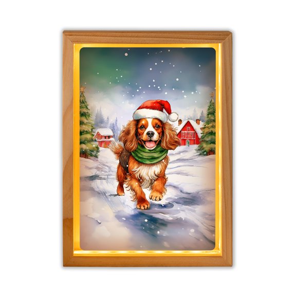 Hello Winter Cavalier King Charles Spaniel Frosty Morning Welcome Snowy Christmas Acrylic Plaque with Wood Photo Frame Box Dog Lover Gifts Light Box - 02018
