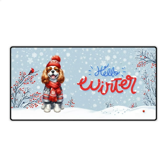 Hello Winter Cavalier King Charles Spaniel Smiling in Red Scarf Hat Welcome Christmas Desk Mat Full Keyboard Mouse Pad Dog Lover Gifts Large Mousepad - 00017