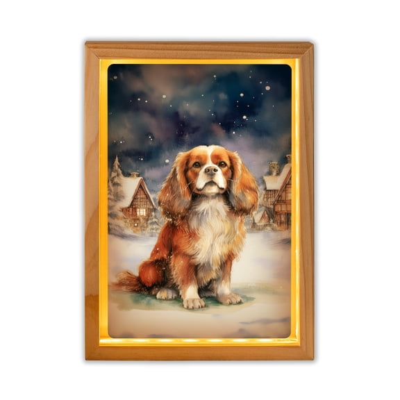Hello Winter Cavalier King Charles Spaniel Welcome Snowy Night Watercolor Vintage Acrylic Plaque with Wood Photo Frame Box Dog Lover Gifts Light Box - 01011