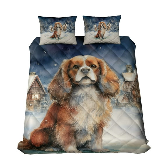 Hello Winter Cavalier King Charles Spaniel Welcome Snowy Night Watercolor Vintage Quilt Bedding Set Dog Lover Gifts 1 Blanket Bed Cover 2 Pillowcases - 01011