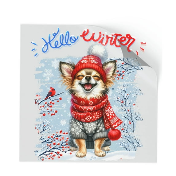 Hello Winter Chihuahua Smiling in Red Scarf Hat Welcome Christmas Cutout Transfer Sticker Dog Lover Gifts Idea Transparent Decal Art Decor - 00017
