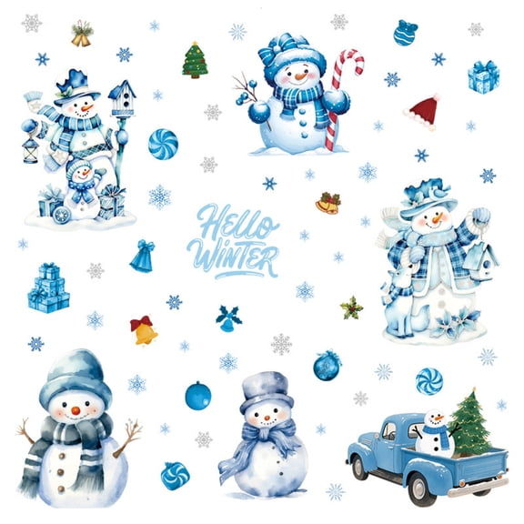 Hello Winter Christmas Window Clings, Snowman Static PVC Decal Reusable Christmas Decorations for Living Room & Bedroom & Party