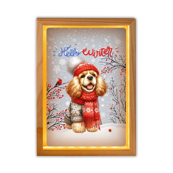 Hello Winter Cocker Spaniel Smiling in Red Scarf Hat Welcome Christmas Acrylic Plaque with Wood Photo Frame Box Cockers Dog Lover Gifts Light Box - 00017