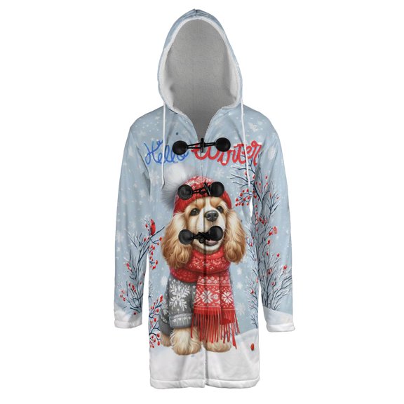 Hello Winter Cocker Spaniel Smiling in Red Scarf Hat Welcome Christmas All Over Print 3D Hooded Duffle Toggle Coat Cockers Dog Lover Gifts - 00017