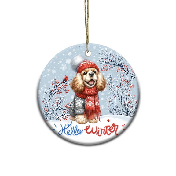 Hello Winter Cocker Spaniel Smiling in Red Scarf Hat Welcome Christmas Ceramic Round Ornament Cockers Dog Lover Gifts Home Tree Decor - 00017