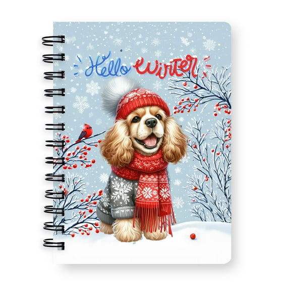 Hello Winter Cocker Spaniel Smiling in Red Scarf Hat Welcome Christmas Spiral Bound Journal Cockers Dog Lover Gifts 5x7in Spiral Notebook - 00017