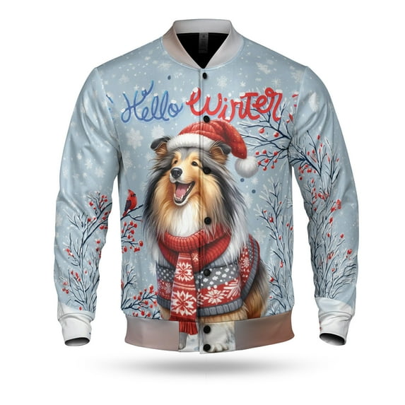 Hello Winter Collie Smiling in Red Scarf Hat Welcome Christmas All Over Print 3D Baseball Jacket Collie Dog Lover Gifts Idea Bomber Jacket Softball - 00017