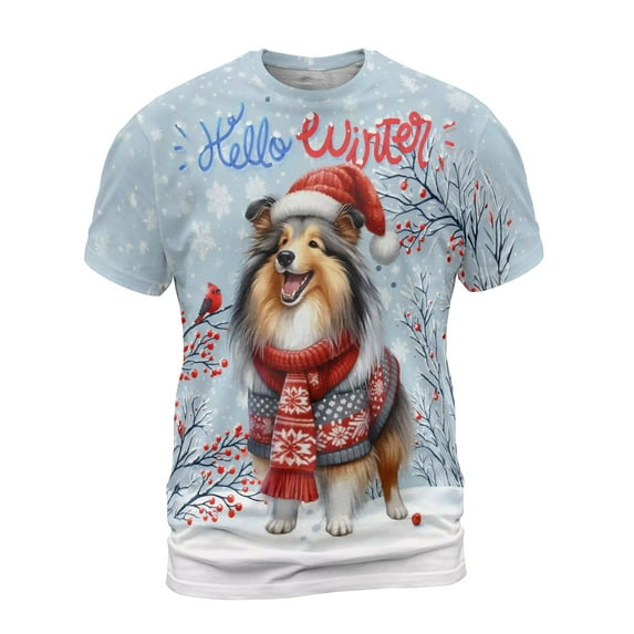 Hello Winter Collie Smiling in Red Scarf Hat Welcome Christmas All Over Print 3D Shirt Unisex Merch Collie Dog Lover Gifts Idea - 00017