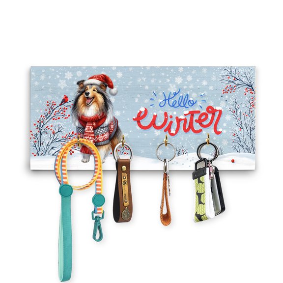 Hello Winter Collie Smiling in Red Scarf Hat Welcome Christmas Wood Key Holder Collie Dog Lover Gifts Idea Wall-mounted Key Rack Home Decor - 00017