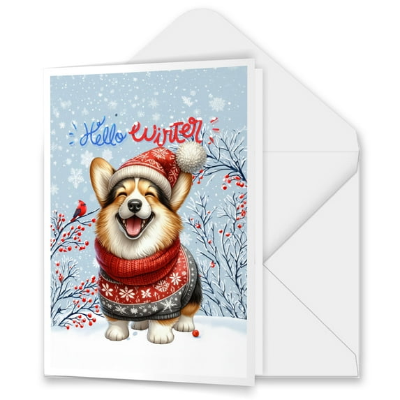 Hello Winter Corgi Smiling in Red Scarf Hat Welcome Christmas 5x7in Folded Greeting Card Welsh Corgi Dog Lover Gifts Idea Single Note Card with Envelope - 00017