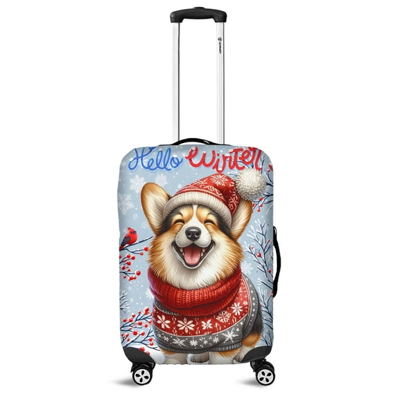 Hello Winter Corgi Smiling in Red Scarf Hat Welcome Christmas Travel Luggage Cover Welsh Corgi Dog Lover Gifts Idea Suitcase Dust Protective Decor - 00017